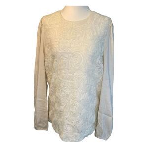 Mixxo Floral Lace Blouse Ivory Rosette Embellished Crewneck Long Sleeves M